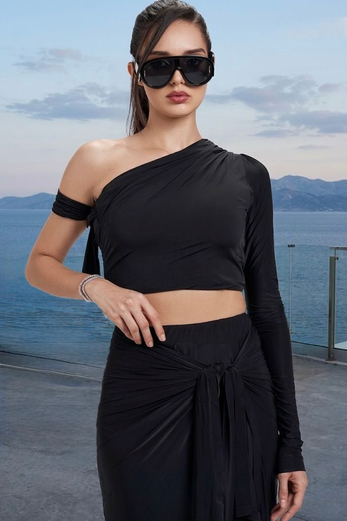 Asymmetric draped top & knot-skirt set in black