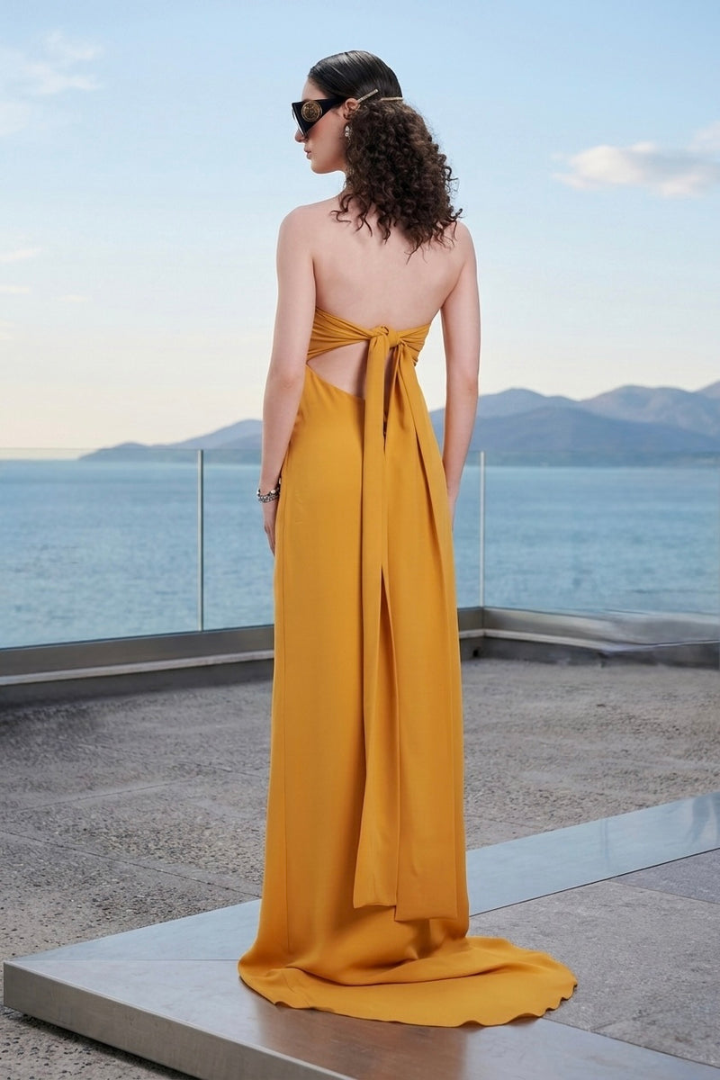 Mustard strapless draped gown