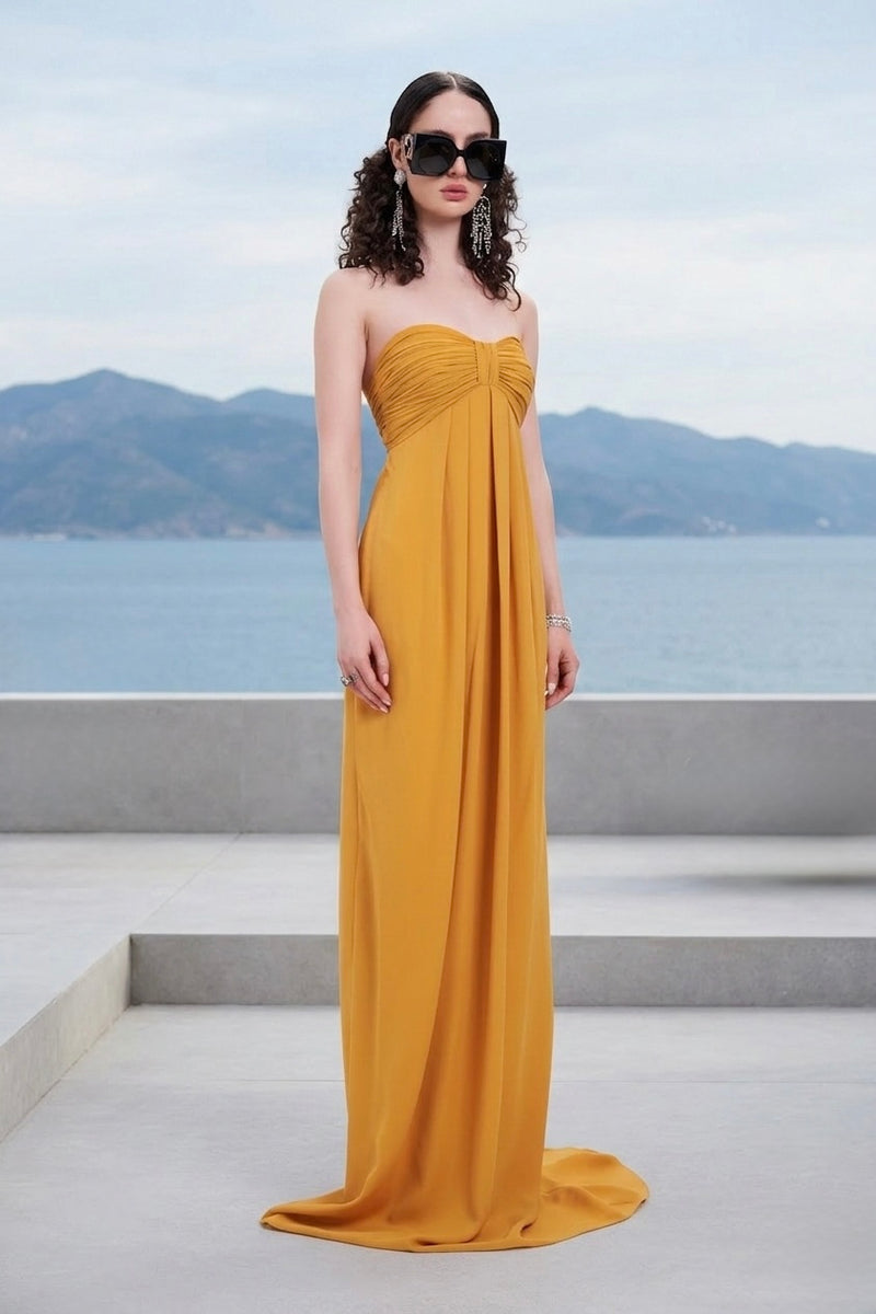 Mustard strapless draped gown