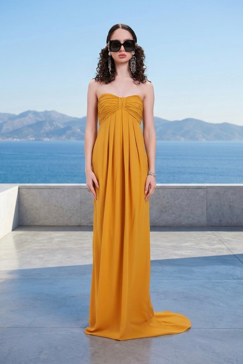 Mustard strapless draped gown