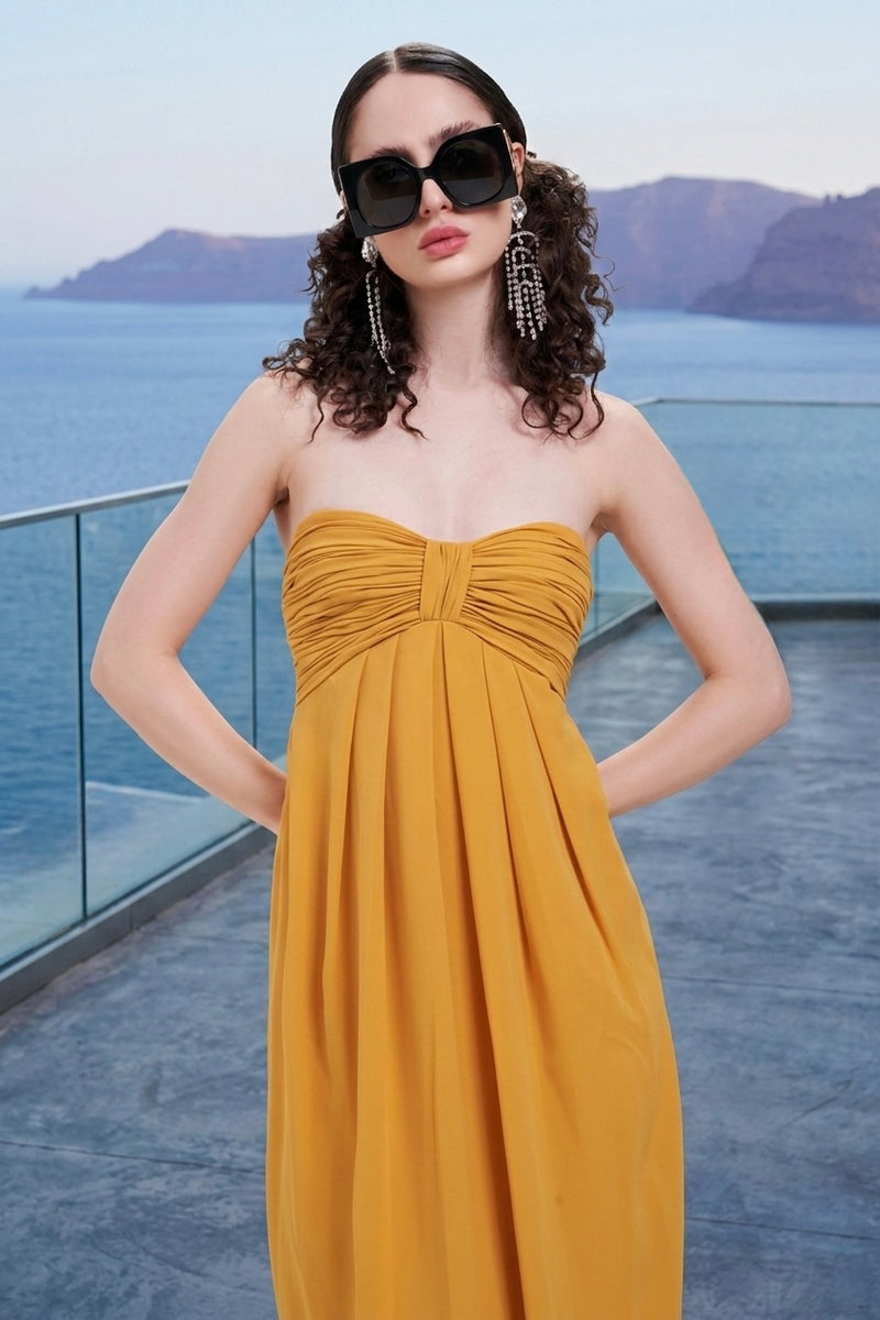 Mustard strapless draped gown
