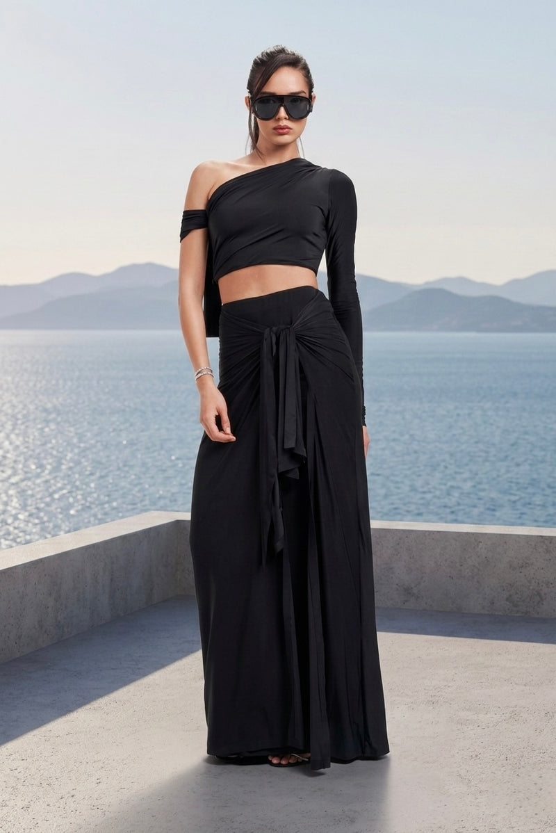 Asymmetric draped top & knot-skirt set in black