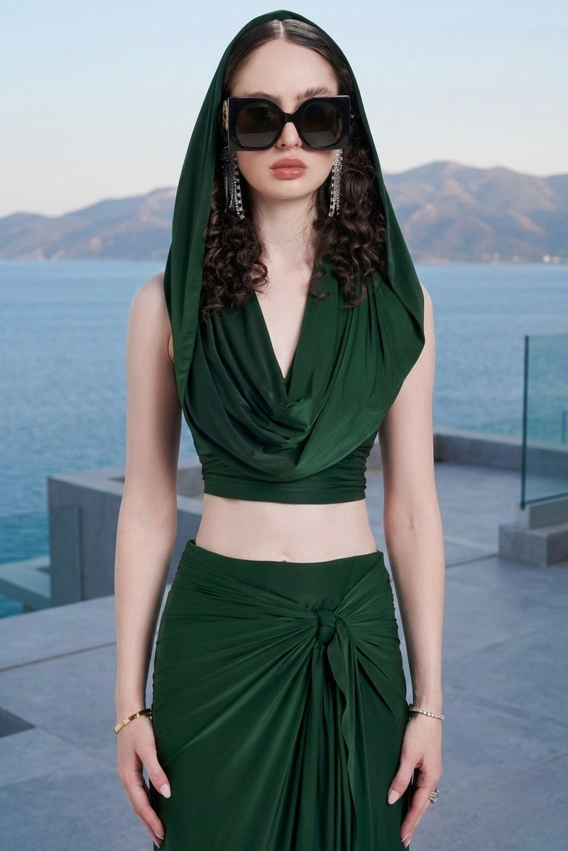 Draped cowl top & knot-drape skirt set in emerald