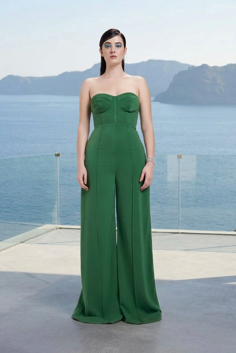 Sculpted corset jumpsuit in emerald
