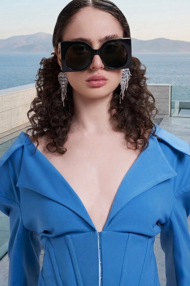 Aqua blue structured power-corset pantsuit