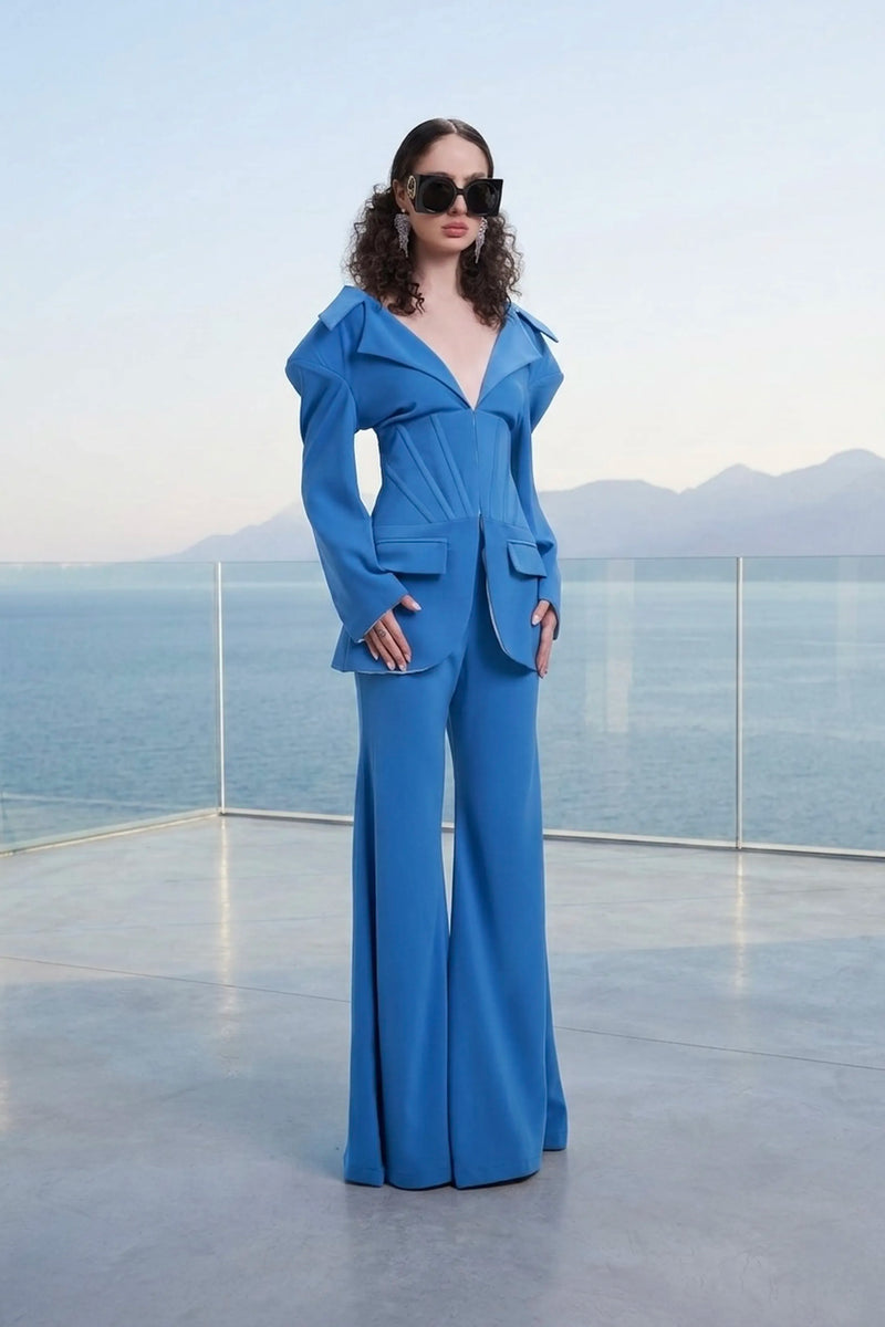 Aqua blue structured power-corset pantsuit