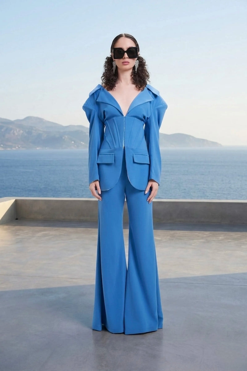 Aqua blue structured power-corset pantsuit