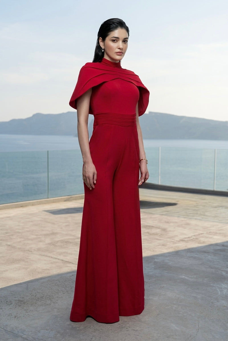 Signature cape jumpsuit in red