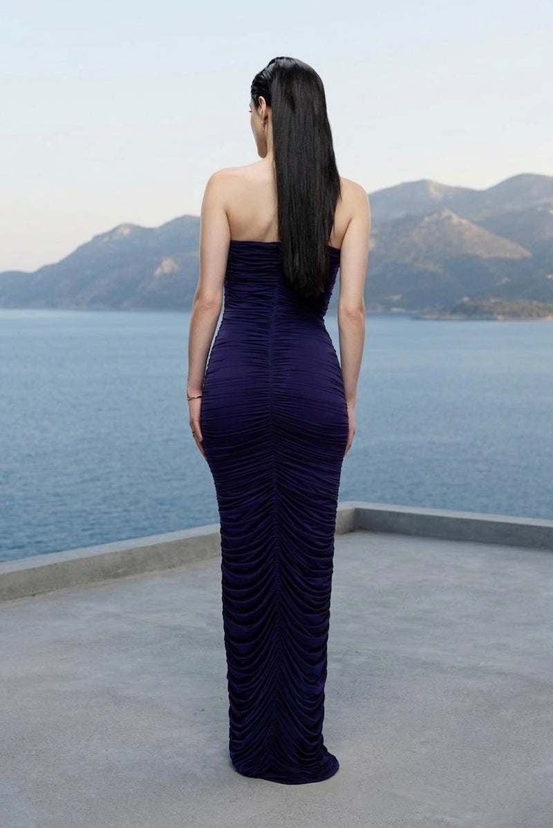 Ruched stretch maxi dress in purple