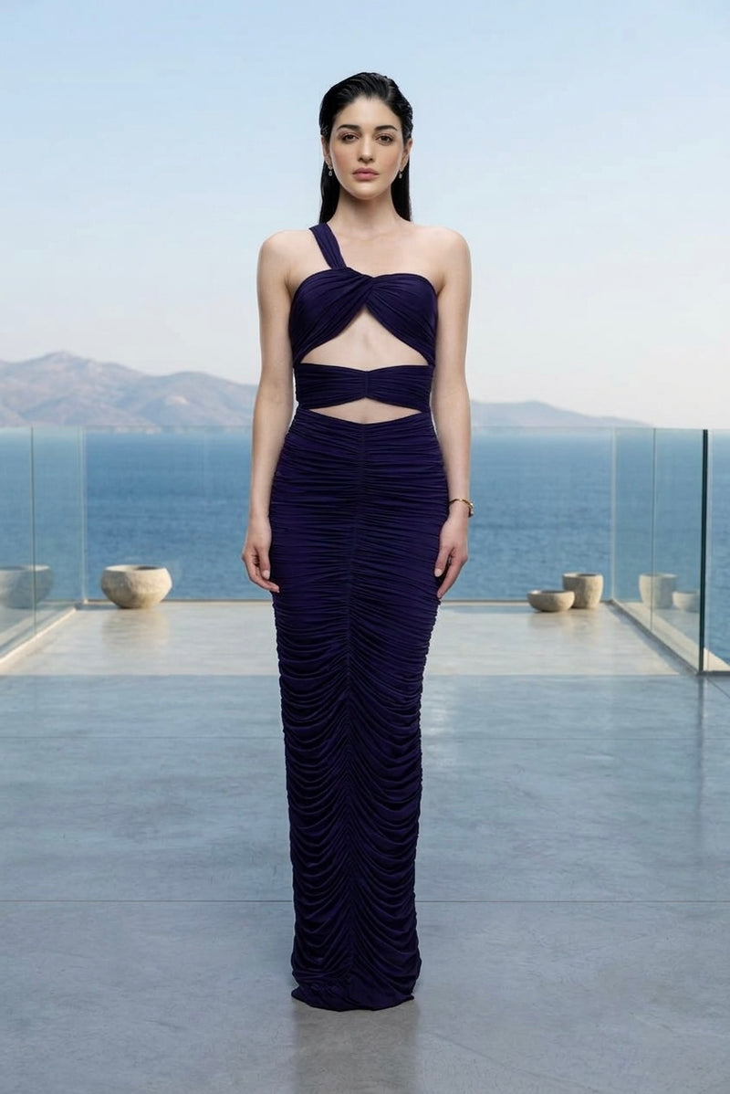 Ruched stretch maxi dress in purple