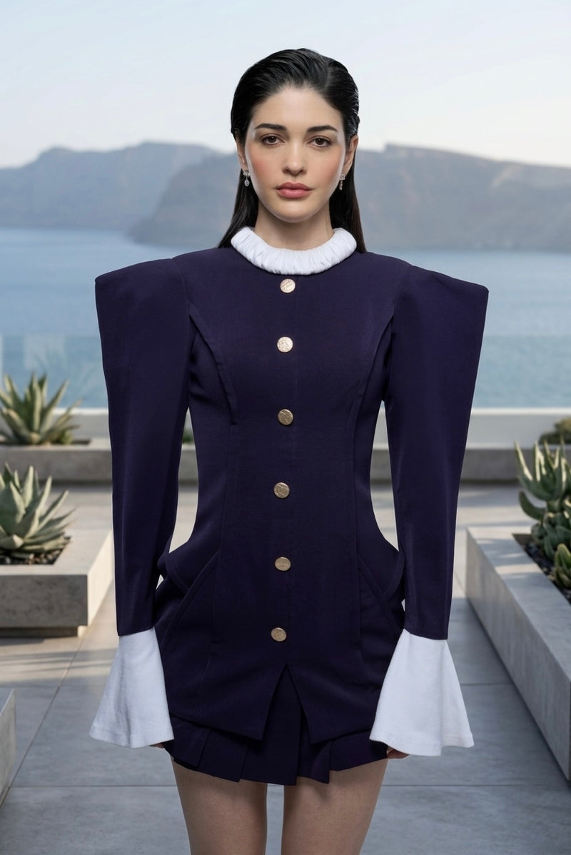 Structured blazer top & pleated mini skirt in purple