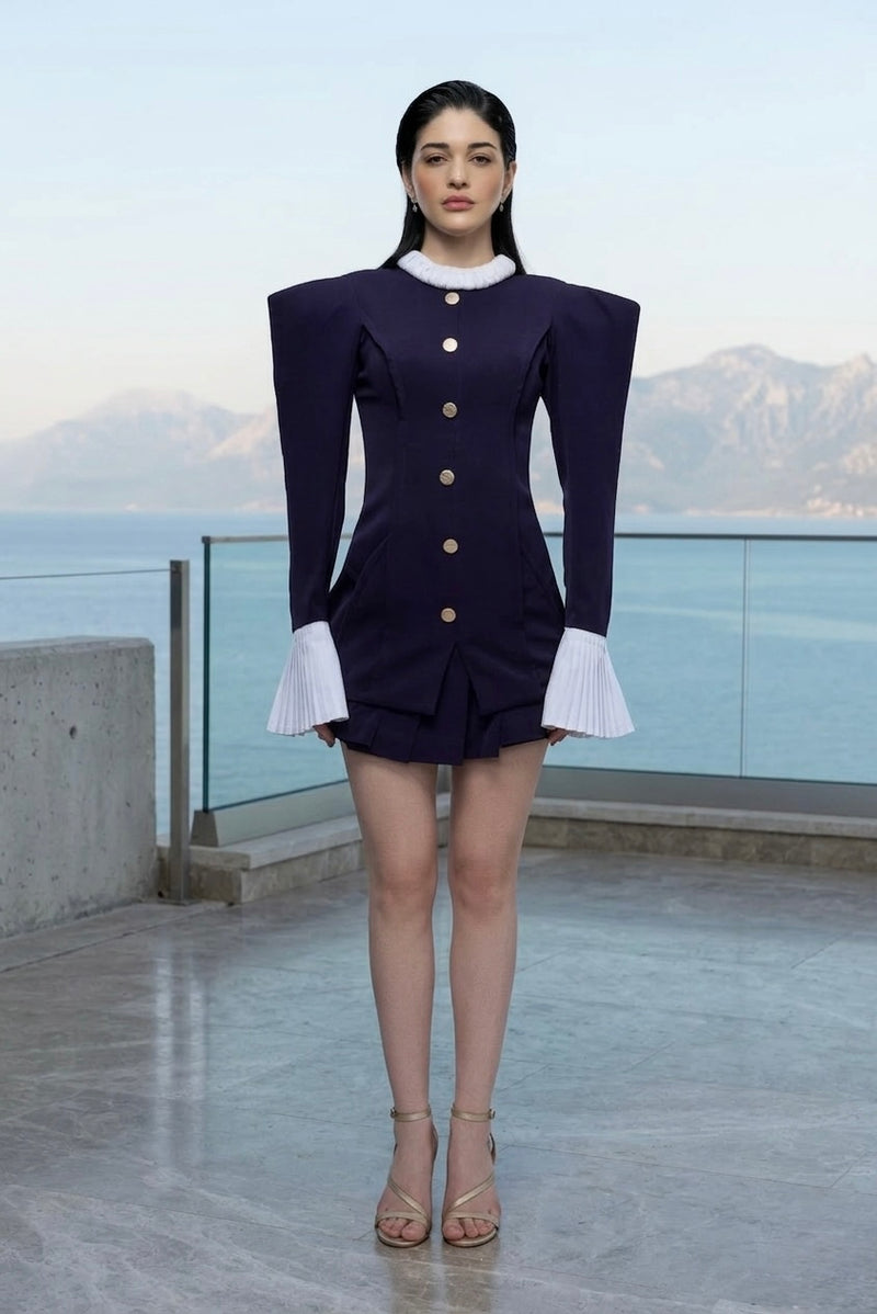 Structured blazer top & pleated mini skirt in purple