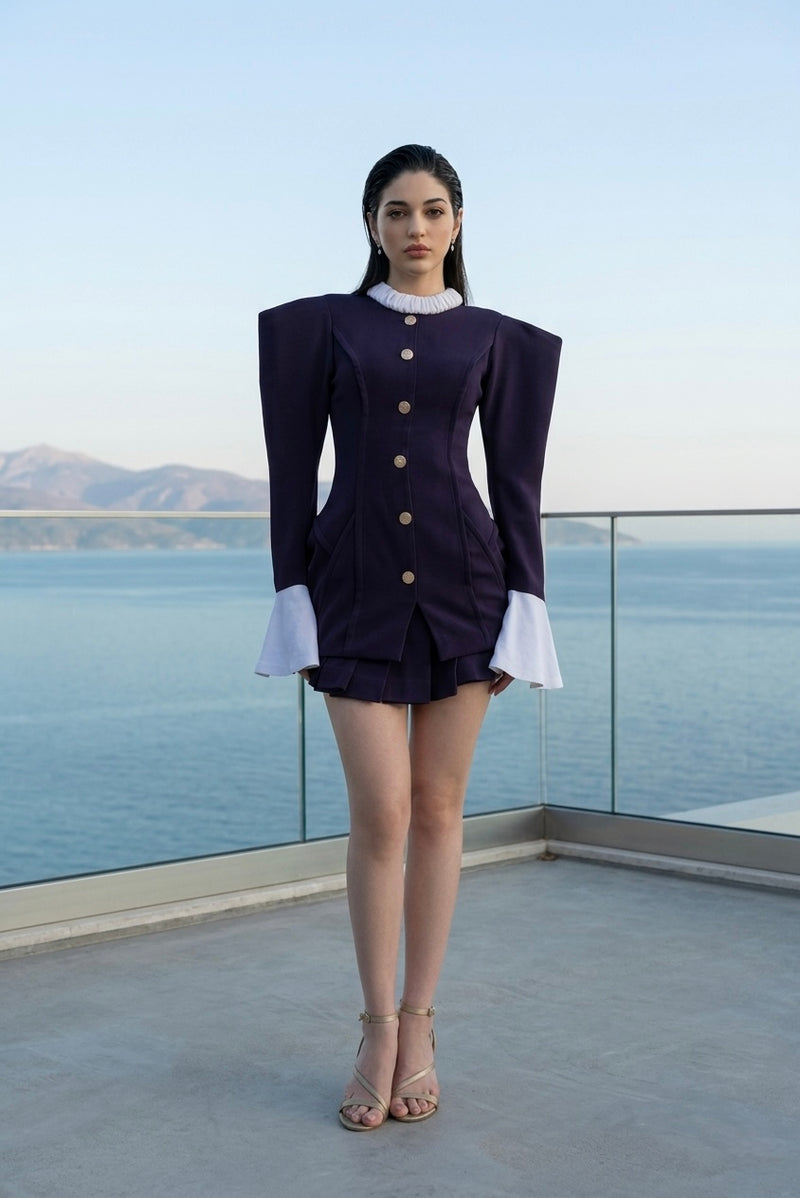 Structured blazer top & pleated mini skirt in purple
