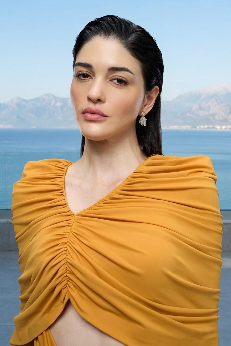 Draped sculpt maxi dress in mustard