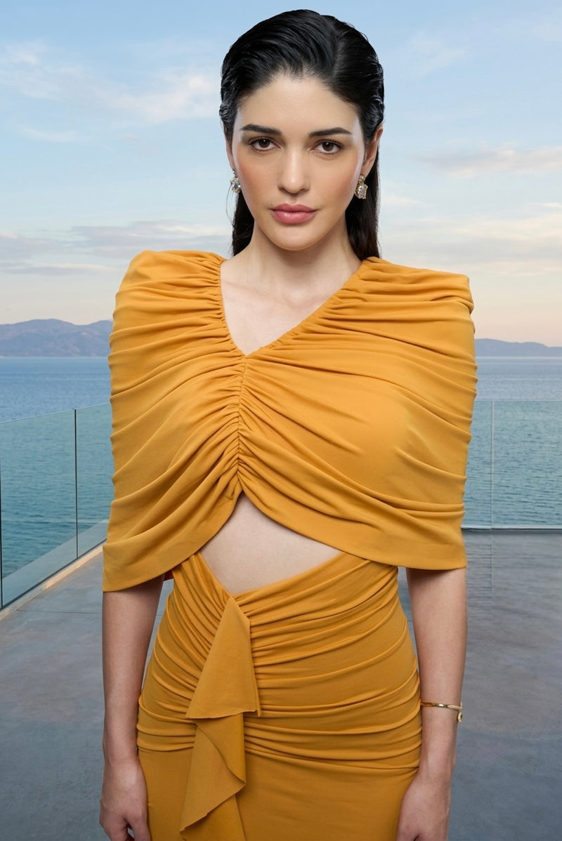 Draped sculpt maxi dress in mustard