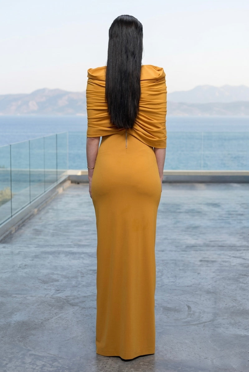Draped sculpt maxi dress in mustard