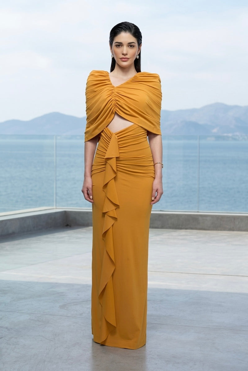 Draped sculpt maxi dress in mustard