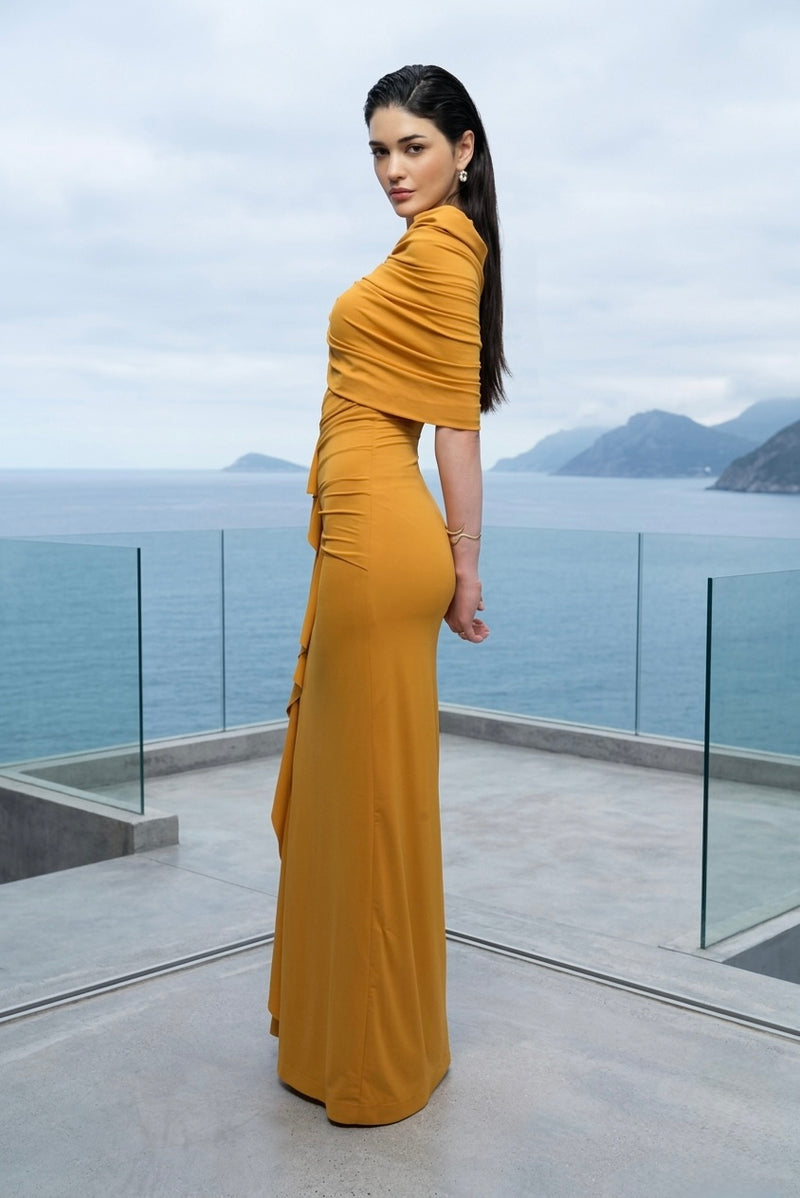 Draped sculpt maxi dress in mustard