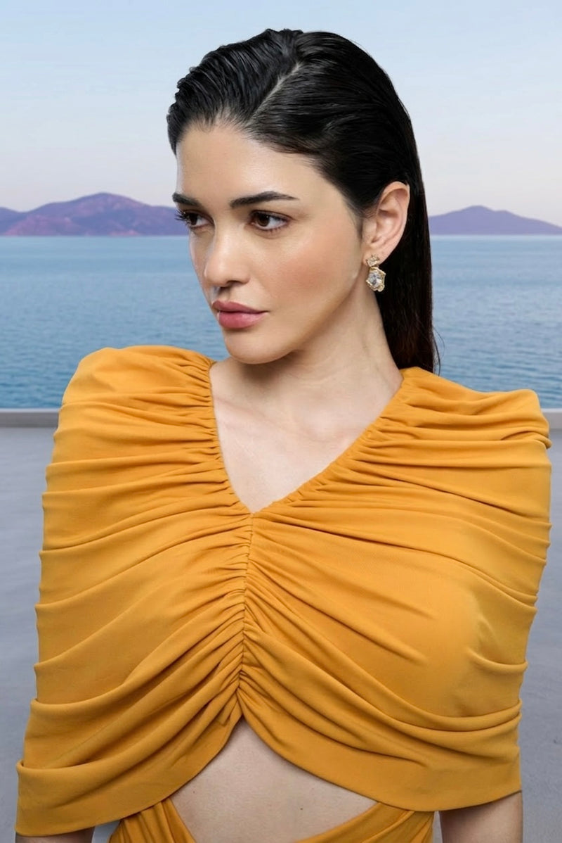 Draped sculpt maxi dress in mustard