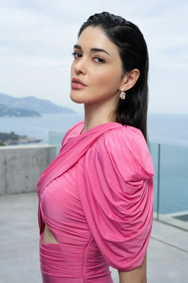 Draped stretch jumpsuit in pink