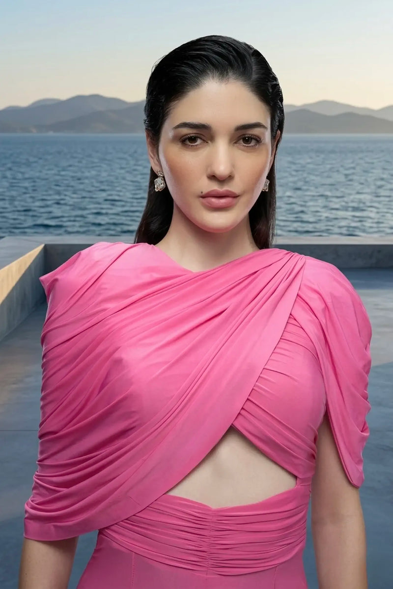 Draped stretch jumpsuit in pink