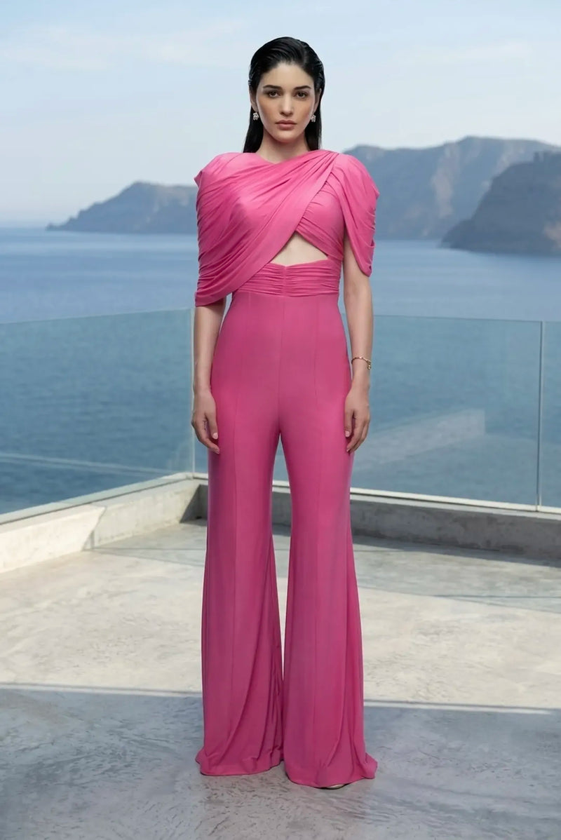 Draped stretch jumpsuit in pink