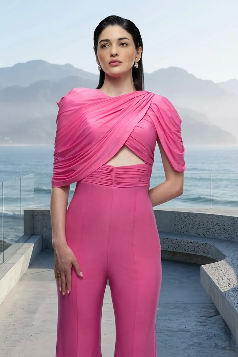 Draped stretch jumpsuit in pink