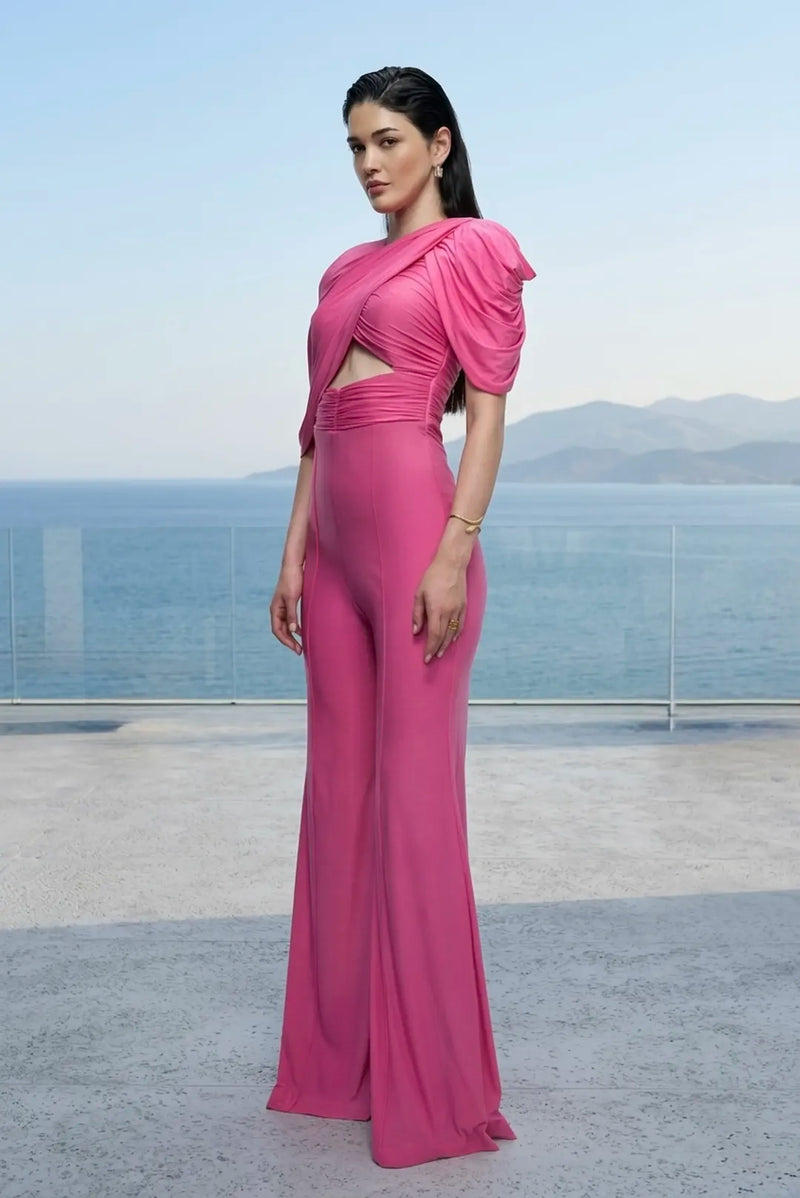 Draped stretch jumpsuit in pink
