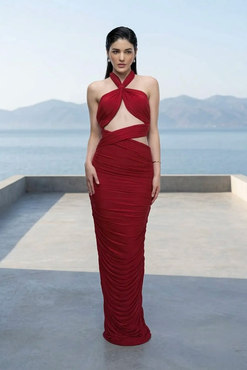 Sculpt ruched maxi dress in red