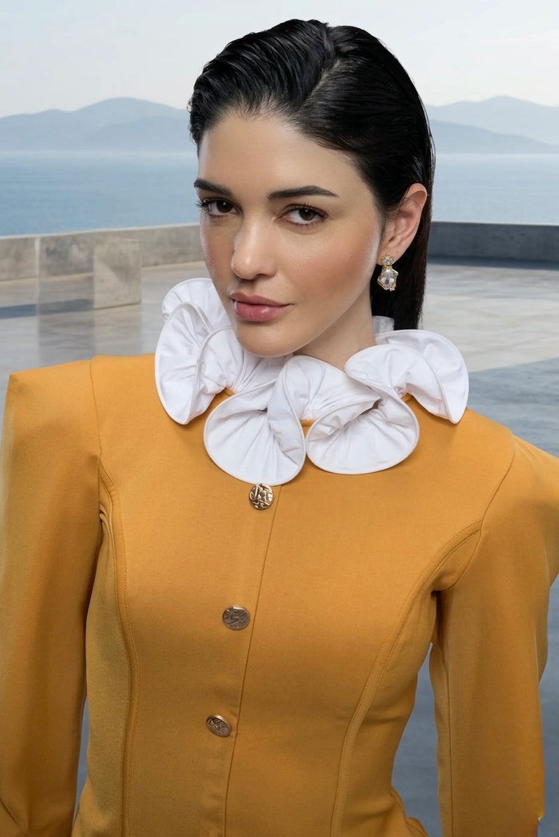 Mustard structured blazer top & pleated mini skirt