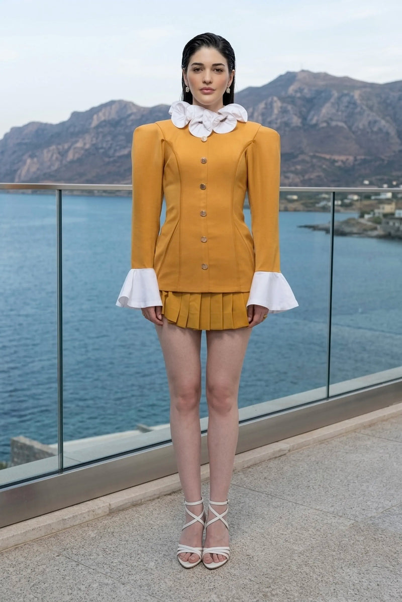 Mustard structured blazer top & pleated mini skirt