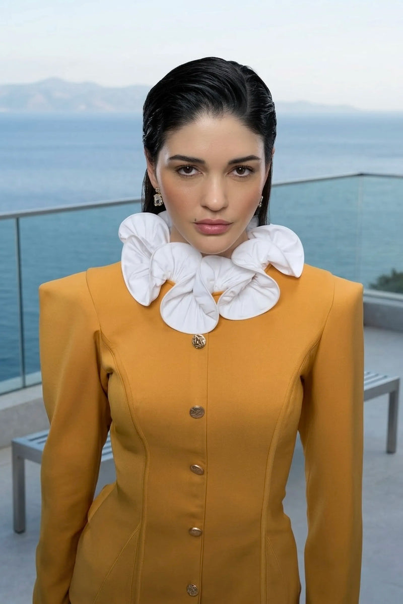 Mustard structured blazer top & pleated mini skirt