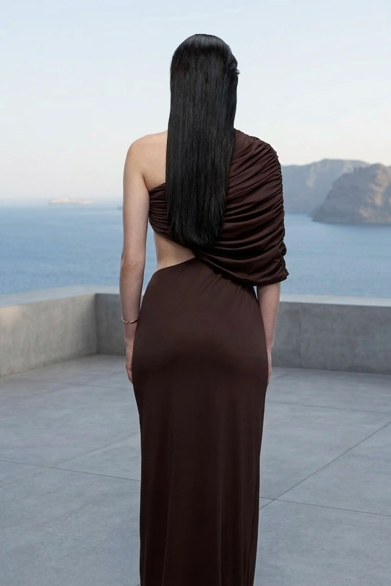 One-shoulder draped maxi dress in brown
