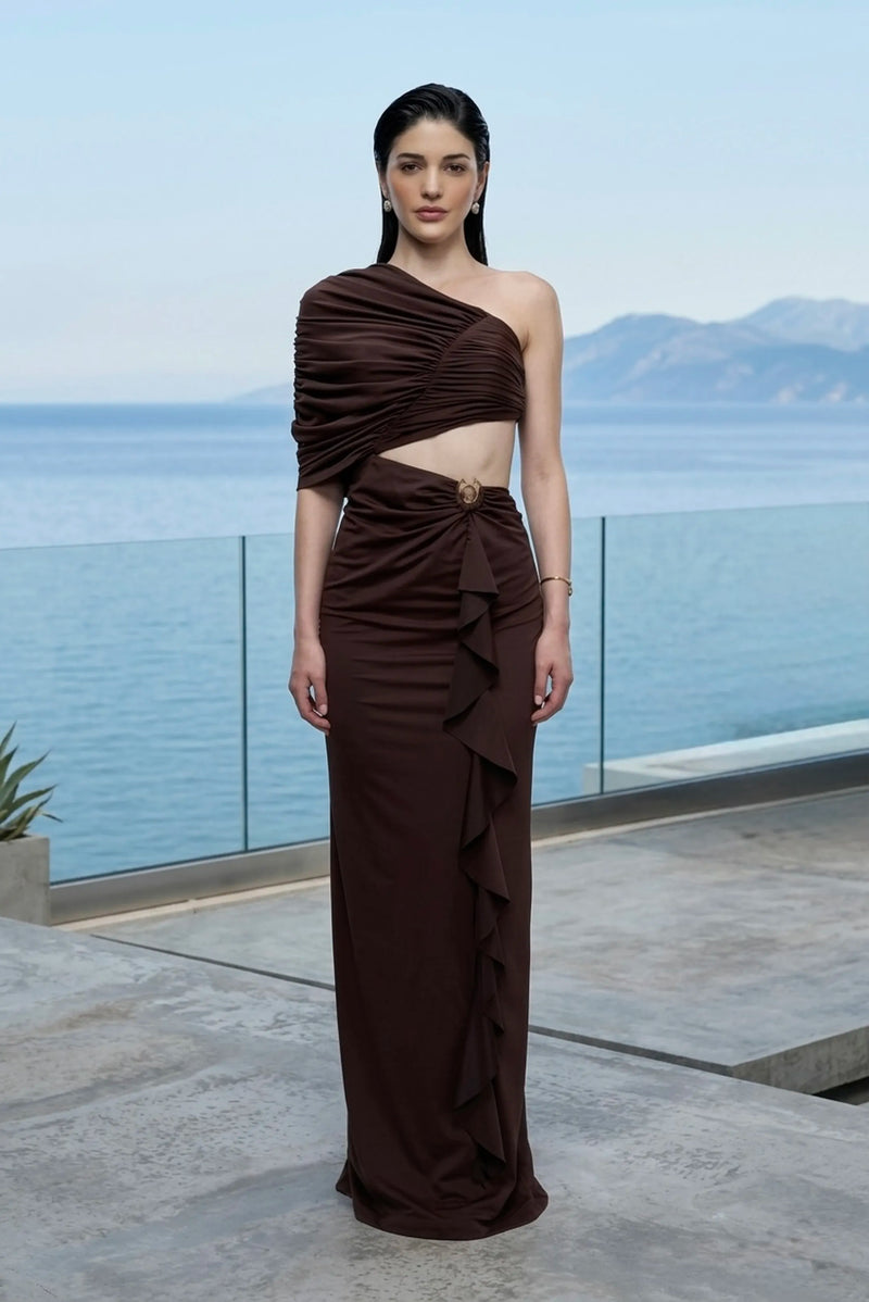 One-shoulder draped maxi dress in brown