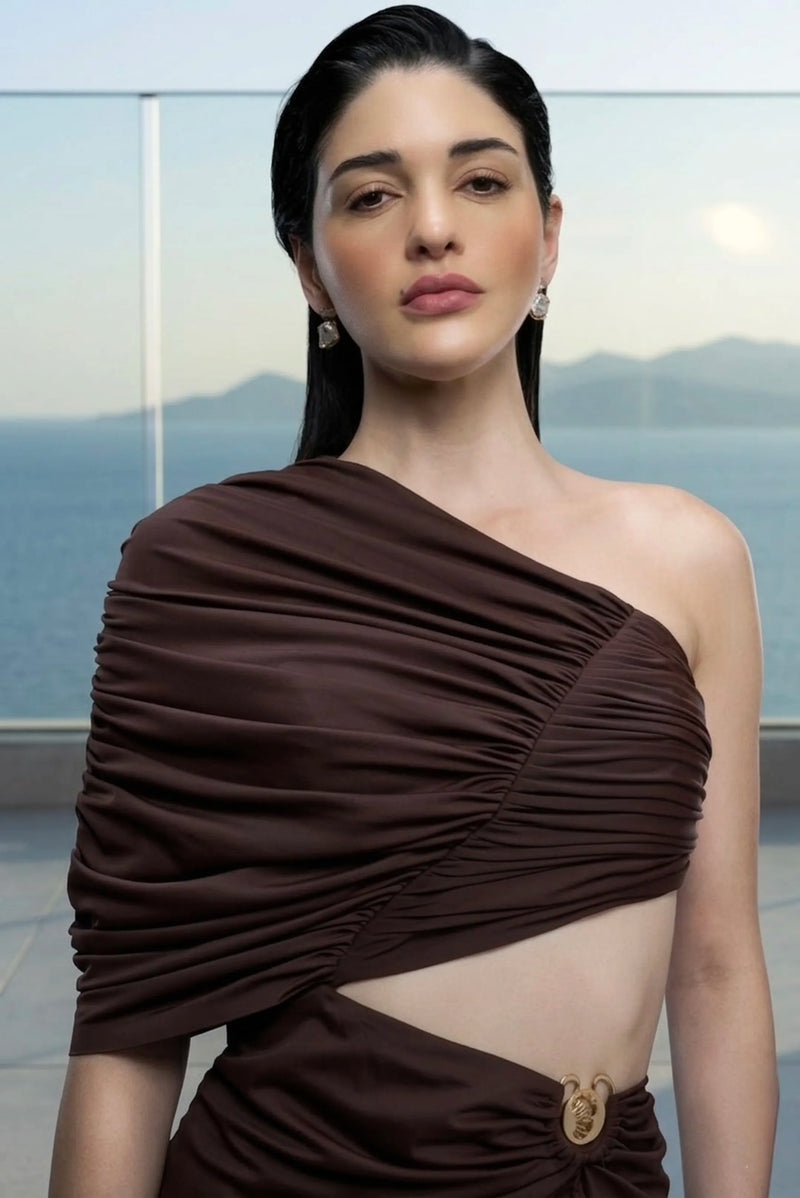 One-shoulder draped maxi dress in brown