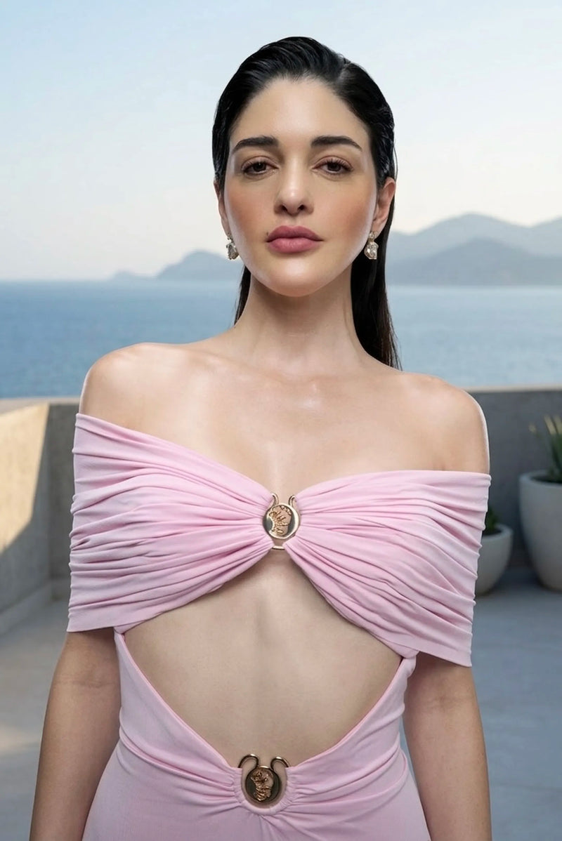 Blush pink off-shoulder cut-out maxi dress