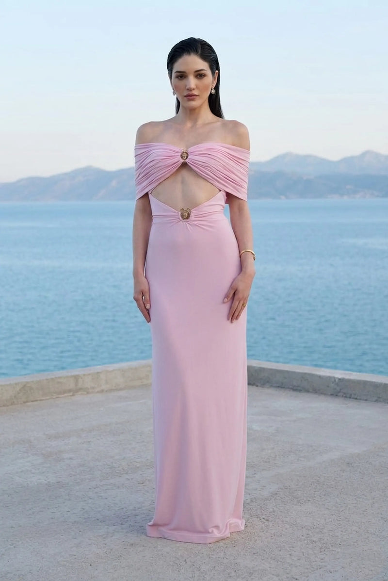 Blush pink off-shoulder cut-out maxi dress