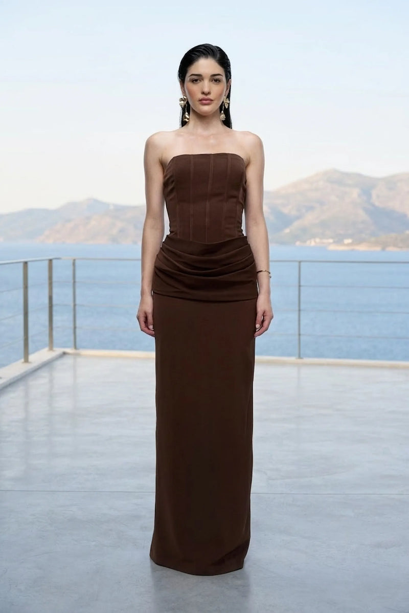 Brown strapless sculpt maxi dress