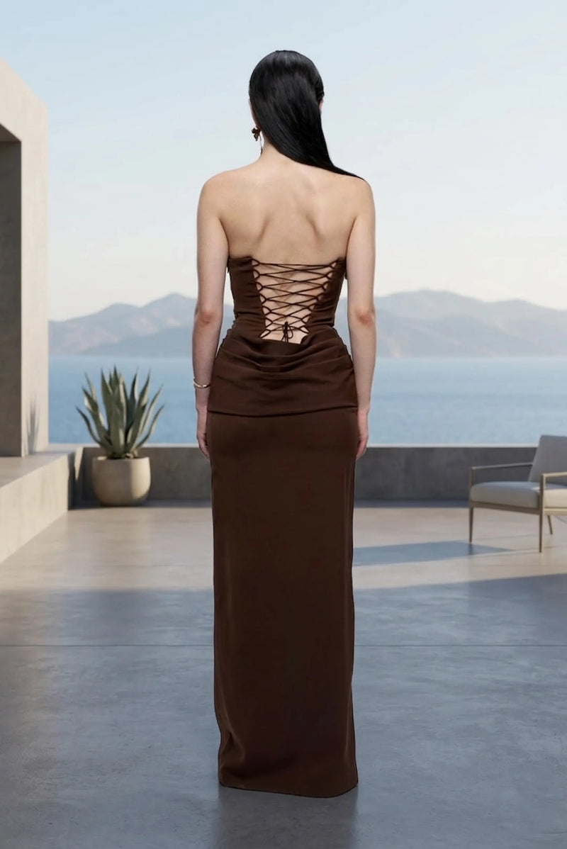Brown strapless sculpt maxi dress