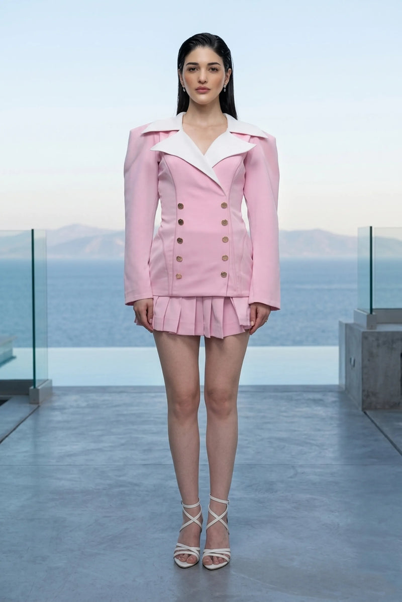 Double-breasted balzer top with pleated mini skirt in blush pink