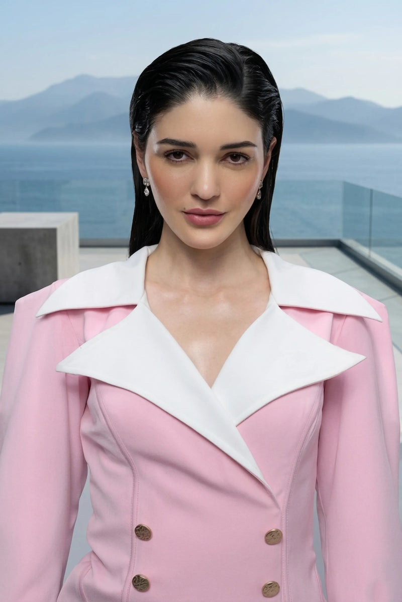 Double-breasted balzer top with pleated mini skirt in blush pink