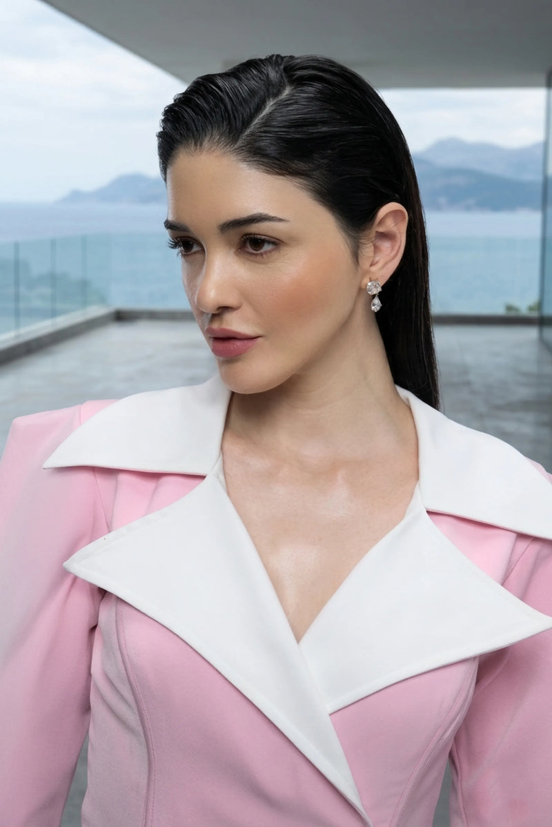 Double-breasted balzer top with pleated mini skirt in blush pink