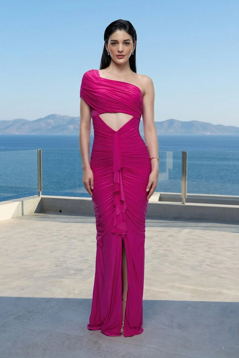 Fuchsia one-shoulder draped maxi dress