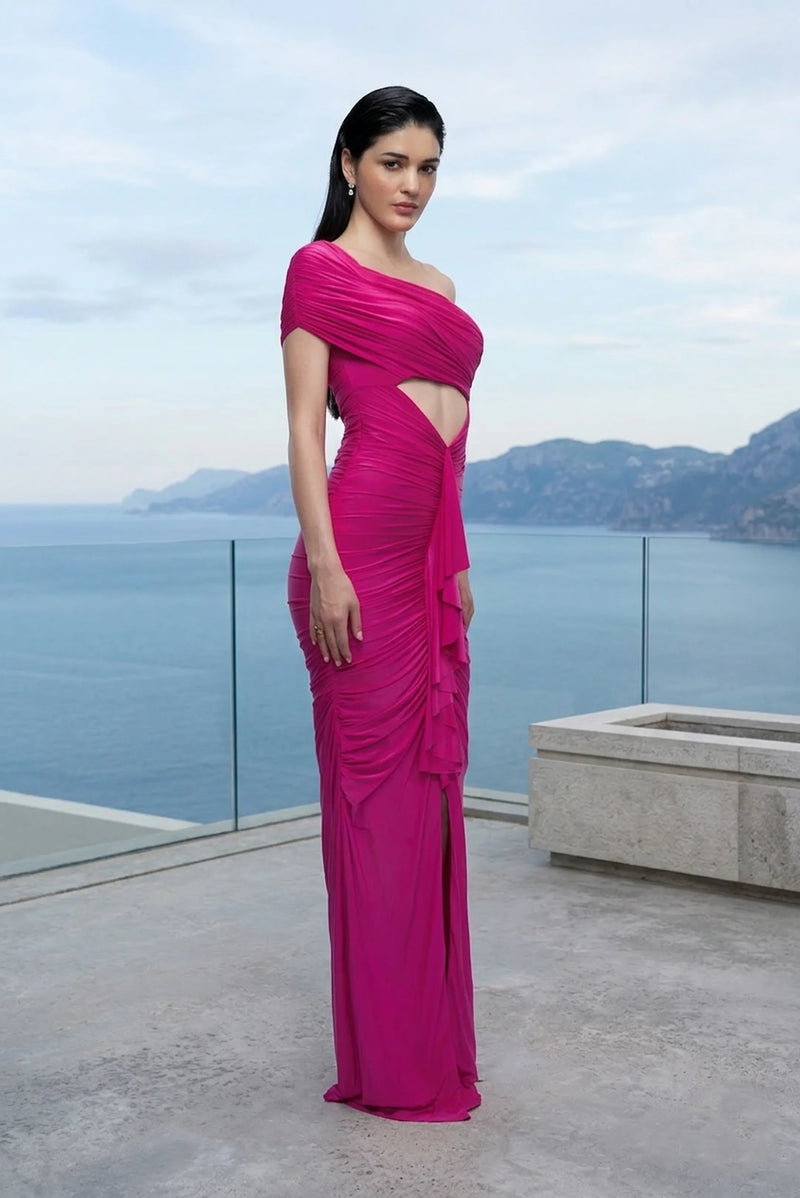 Fuchsia one-shoulder draped maxi dress