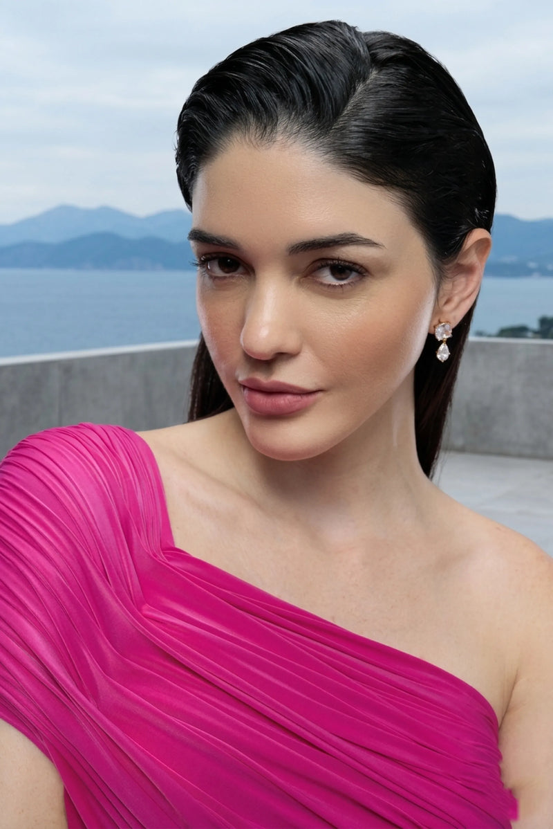 Fuchsia one-shoulder draped maxi dress