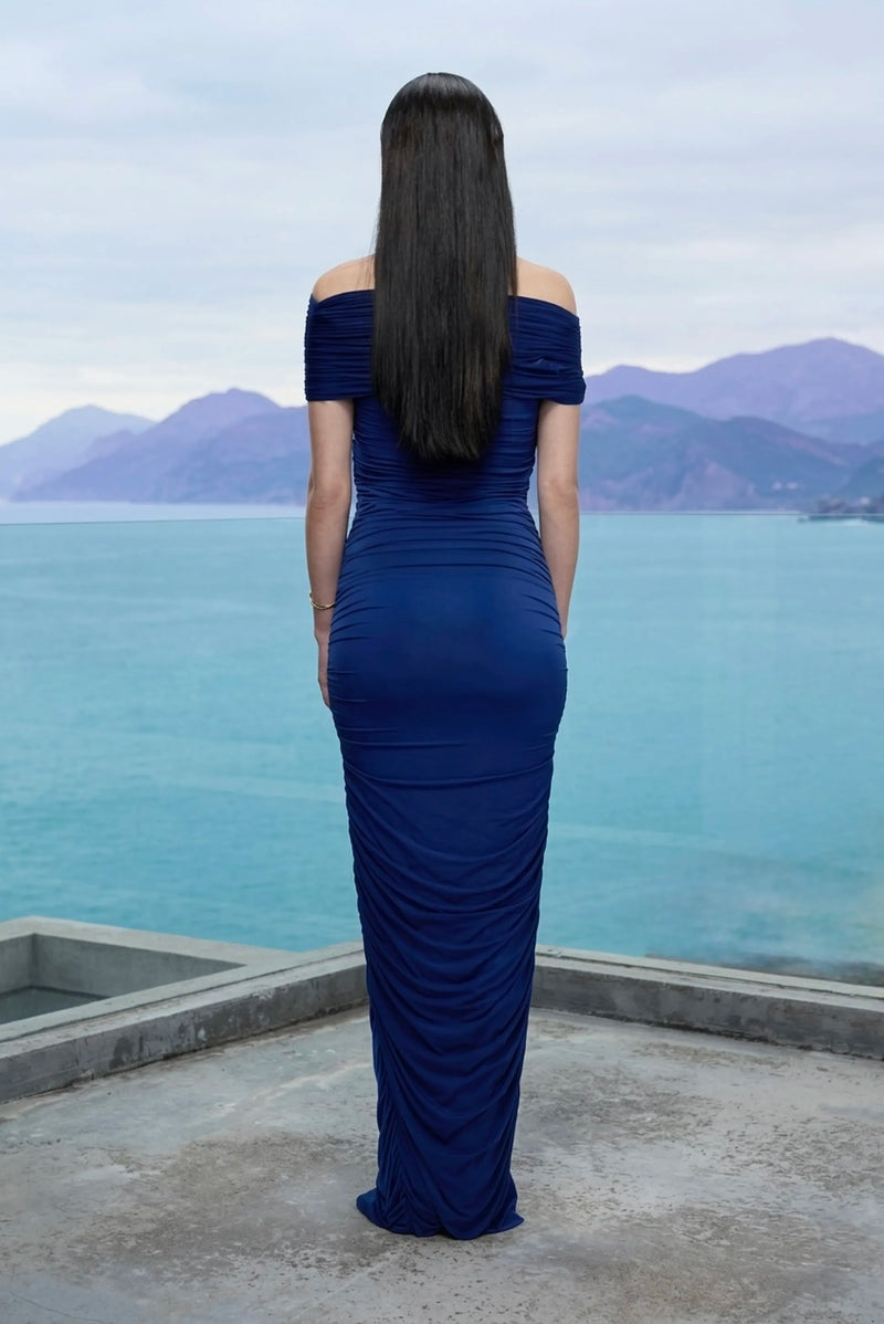 Off-shoulder ruched dress in royal blue