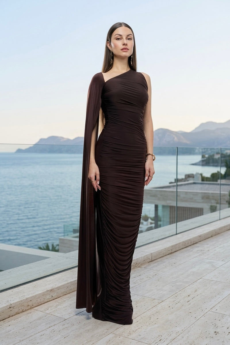 One-shoulder cape maxi dress in brown