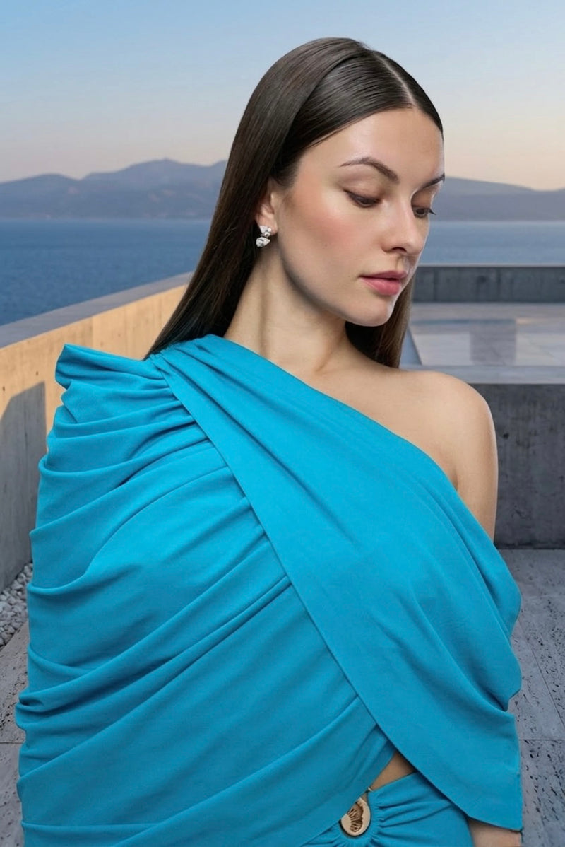 Turquoise one-shoulder draped maxi dress