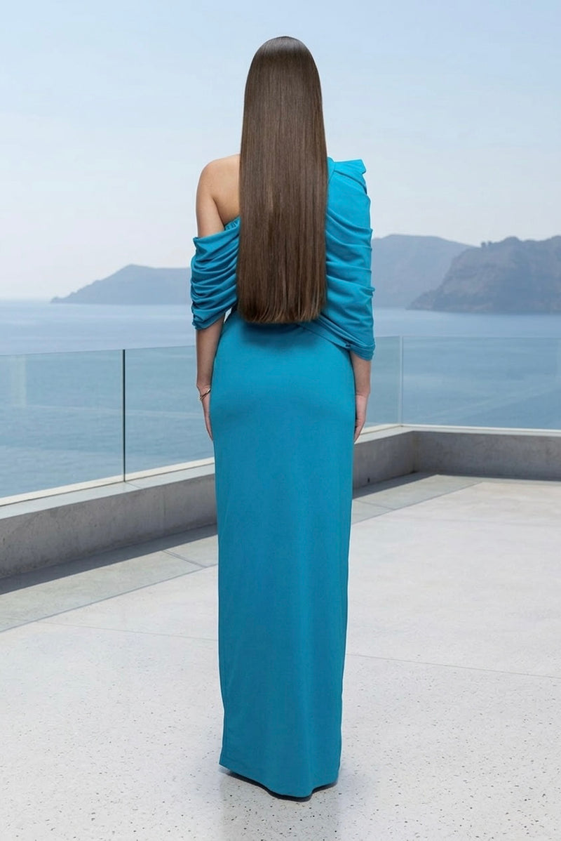 Turquoise one-shoulder draped maxi dress