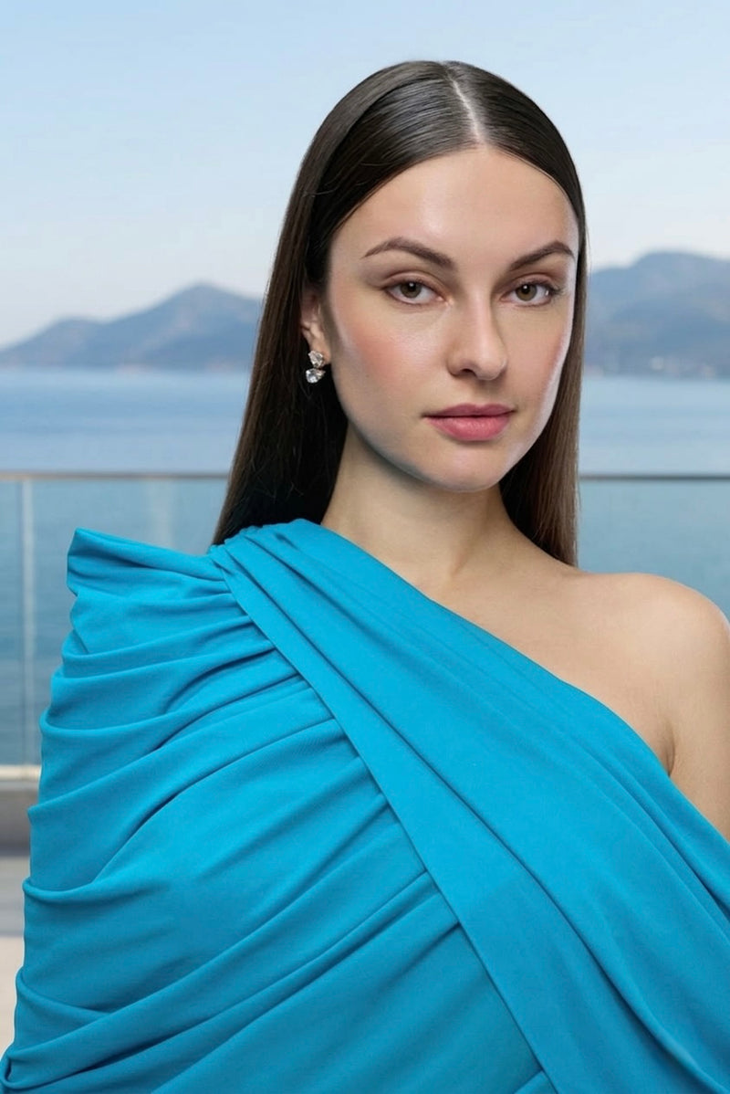 Turquoise one-shoulder draped maxi dress